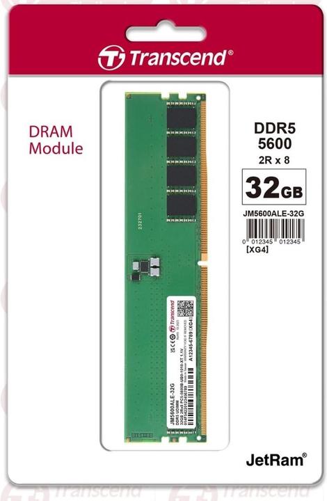 Image du produit Transcend U-DIMM 32GB JetRam DDR5 5600MHz 2xRx8 2Gx8 CL46 1.1V (1 x 32GB, 5600 MHz, RAM DDR5, U-DIMM)