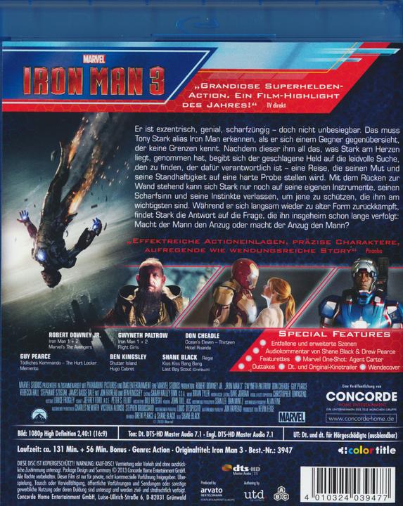 Image du produit Iron Man 3 (Blu-ray, 2013, Allemand, Anglais)