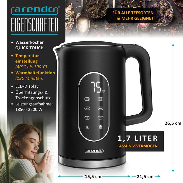 Produktbild Arendo Wasserkocher aus Edelstahl 1,7 L, Temperatureinstellung 40–100 °C mit Anzeige, Teekocher 2200 W (1.50 l)