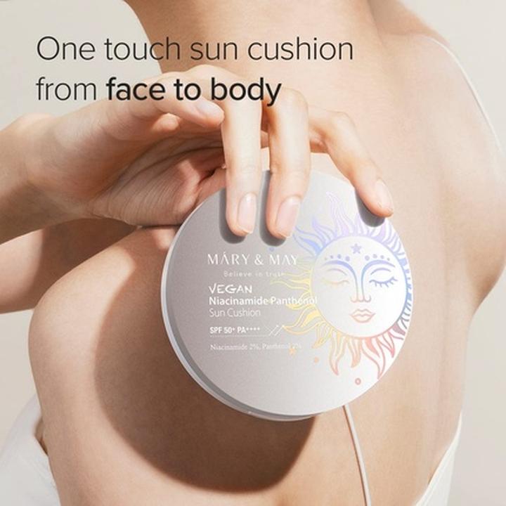 Actual product image Mary&May Vegan Niacinamide Panthenol Sun Cushion SPF50+ PA++++ 0.88oz Cooling & Soothing Moisturizin (Suntan cream, SPF 50+, 25 g)