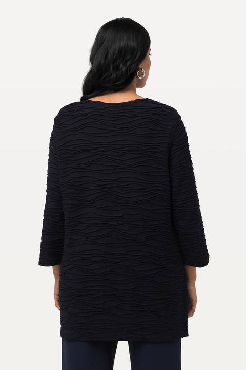 Image du produit Ulla Popken T-shirt à col rond et manches 3/4, texture ondulée, découpe fantaisie (42, 44)