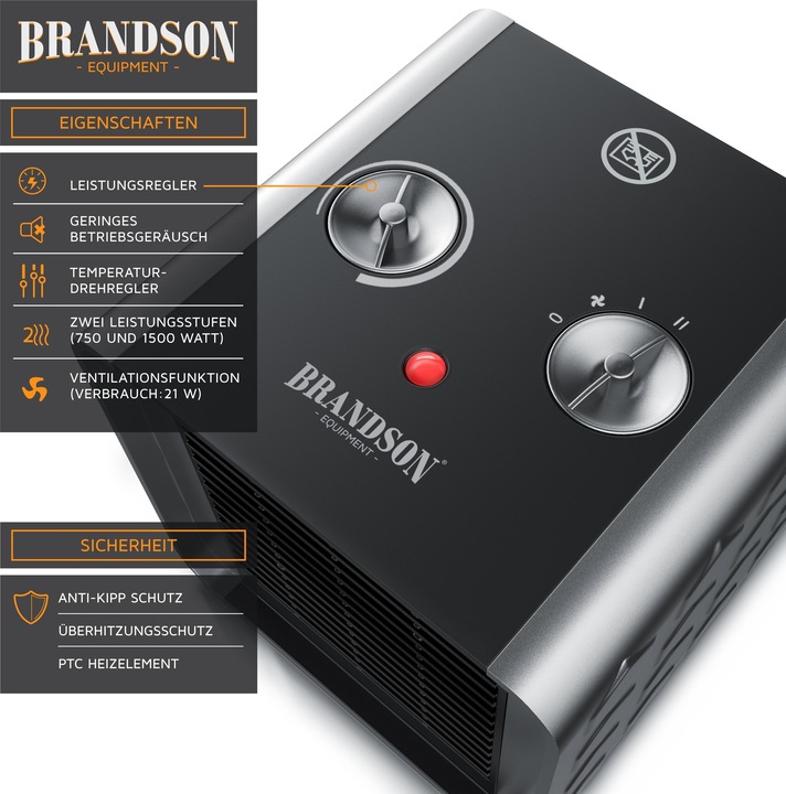 Produktbild Brandson Heizlüfter 1500 W Keramik Heizelement Temperaturregelung, Badezimmer Keramikheizgerät Energiesparend (1500 W)