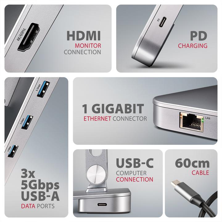 Produktbild Axagon HMC-STND Ständer für Laptops und Tablets, USB-C-Hub - silber (USB-C, 6 Ports)