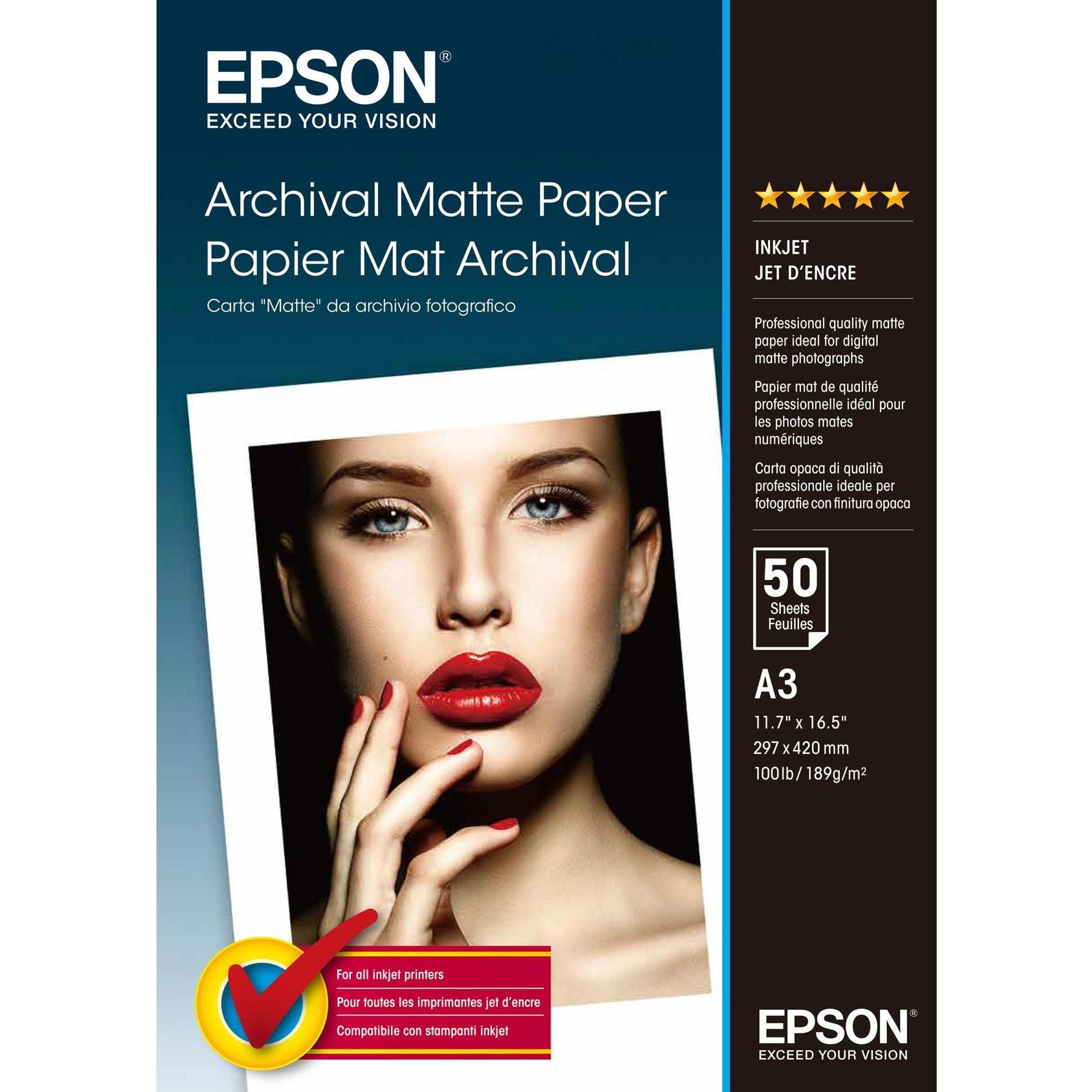 Epson Archival Matte (189 g/m², A3, 50 x), Fotopapier, Weiss