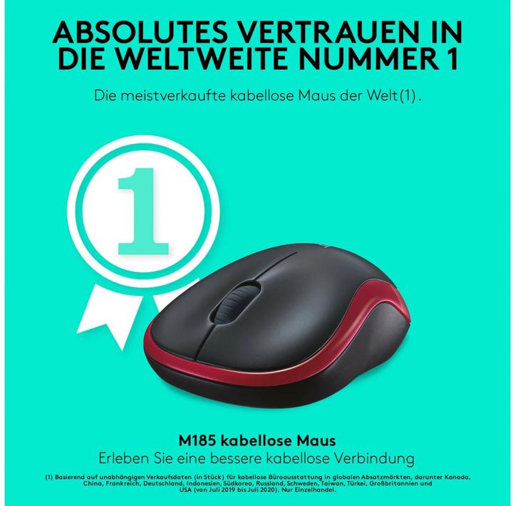 Actual product image Logitech MOUSE USB OPTICAL CORDL. M185/RED 910-002240 (Wireless)
