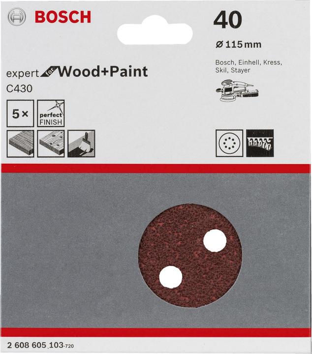 Produktbild Bosch Professional Zubehör Schleifblatt C430, 115 mm, 40, 8 Löcher, Klett, 5er-Pack (40)