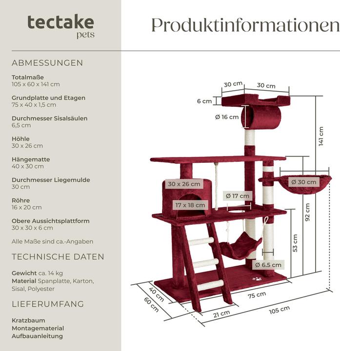 Immagine prodotto tectake Marcel (141 cm, Rosso vino)