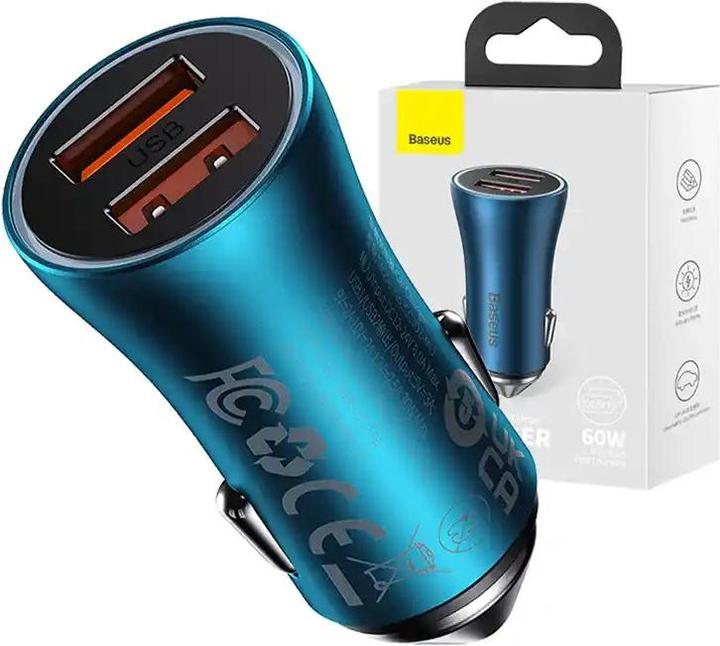 Produktbild Baseus Golden Contactor Max car charger, 2x USB, 60W (blue)