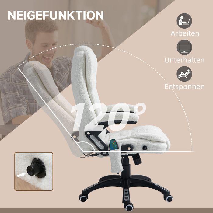 Produktbild Swisshandel24 Massage-Bürostuhl mit Wippfunktion, mit Heizfunktion, Liegefunktion, mit Fussstütze, Teddysamt, Weis (45 - 55 cm)