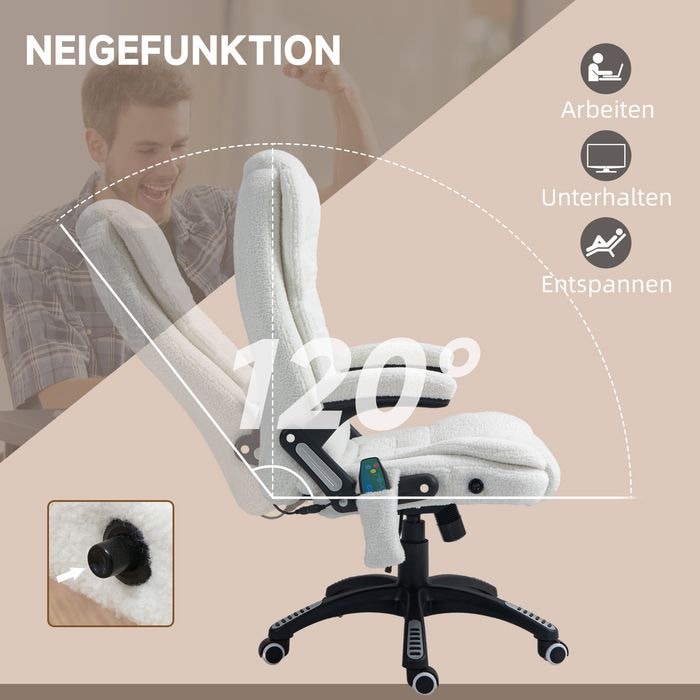 Produktbild Swisshandel24 Massage-Bürostuhl mit Wippfunktion, mit Heizfunktion, Liegefunktion, mit Fussstütze, Teddysamt, Weis