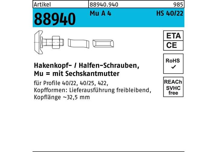 Actual product image Halfen Hammer-head bolt R 88940 type 40/22 hexagon nut M 16 x 100 Mu A 4 (10 Screws per piece)