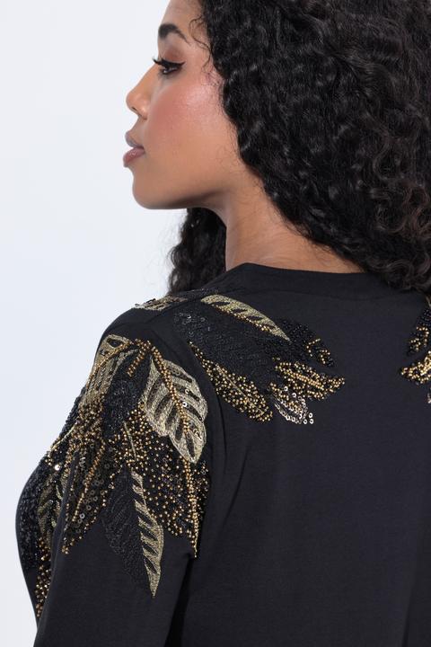 Immagine prodotto Ulla Popken Maglia con piume, scollo a V, collo alto e maniche a 3/4 (50, 52)