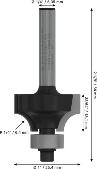 Produktbild Bosch Professional Zubehör Abrundfräser, 1/4-Zoll, R1 6,3 mm, D 25,4 mm, L 13,2 mm, G 54 mm
