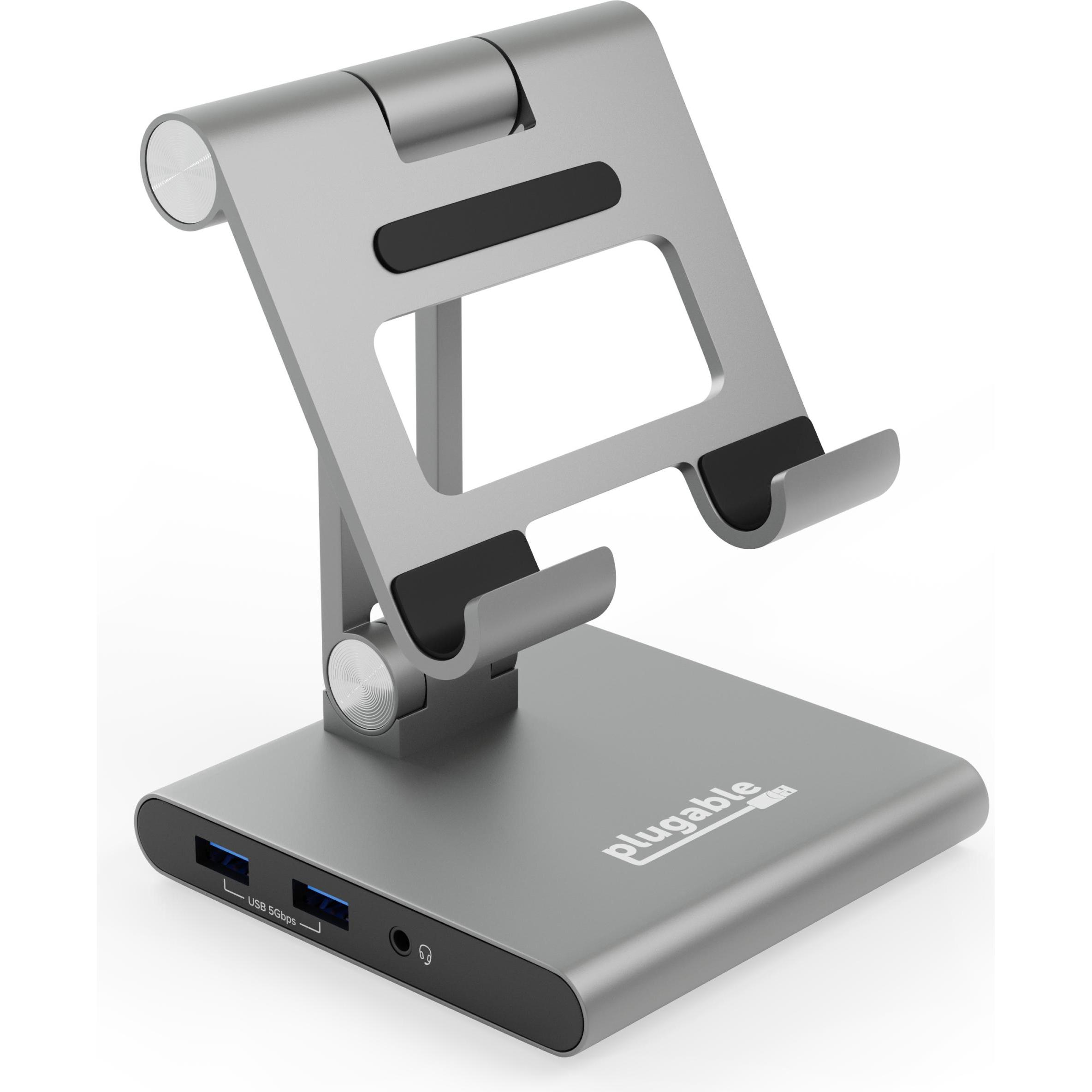 Plugable USB-C Dock Tablet Phone Stand, Dockingstation + USB Hub, Silber