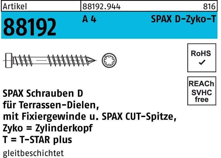 Produktbild Spax Holzbauschraube R 88192 Zylinderkopf T-STAR 6 x 40/23 -T A 4 m.CUT-Sp. (200 Schrauben pro Stück)