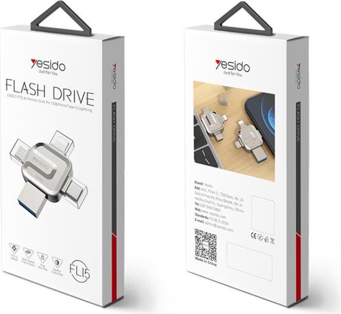 Produktbild Yesido - Memory Stick 4in1 (FL15) - OTG, USB, Type-C, Micro-USB, Lightning, 5Gbps, 128GB - Grey (128 GB, Micro USB-B, USB-A, USB-C)