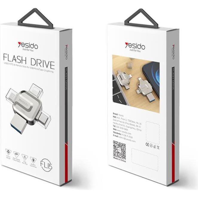 Yesido FLASH DISK L15 4IN1 OTG ADAPTER USB 3.0 64GB SILVER (64 GB, USB-A), Chiavetta USB, Argento
