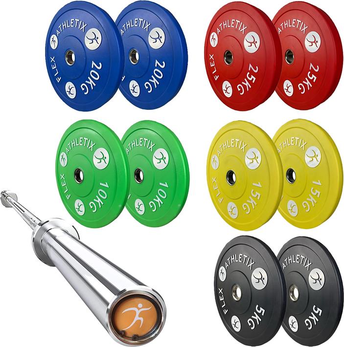 Immagine prodotto FlexAthletix Set di piastre paracolpi e bilanciere (2 x 5 kg, 2 x 15 kg, 2 x 25 kg, 2 x 10 kg, 2 x 20 kg)