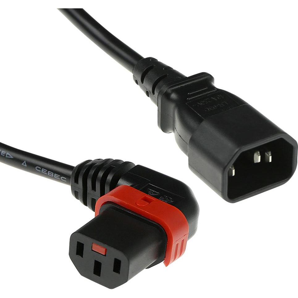 Iec Lock 230V Powercord C14 to C13 (left angled) lockable, black, 1 meter (1 m), Stromkabel