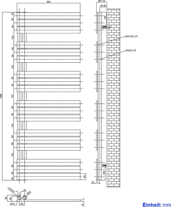 Produktbild Emke Badheizkörper Handtuchhalter Handtuchwärmer 160x60cm Weiss 958w