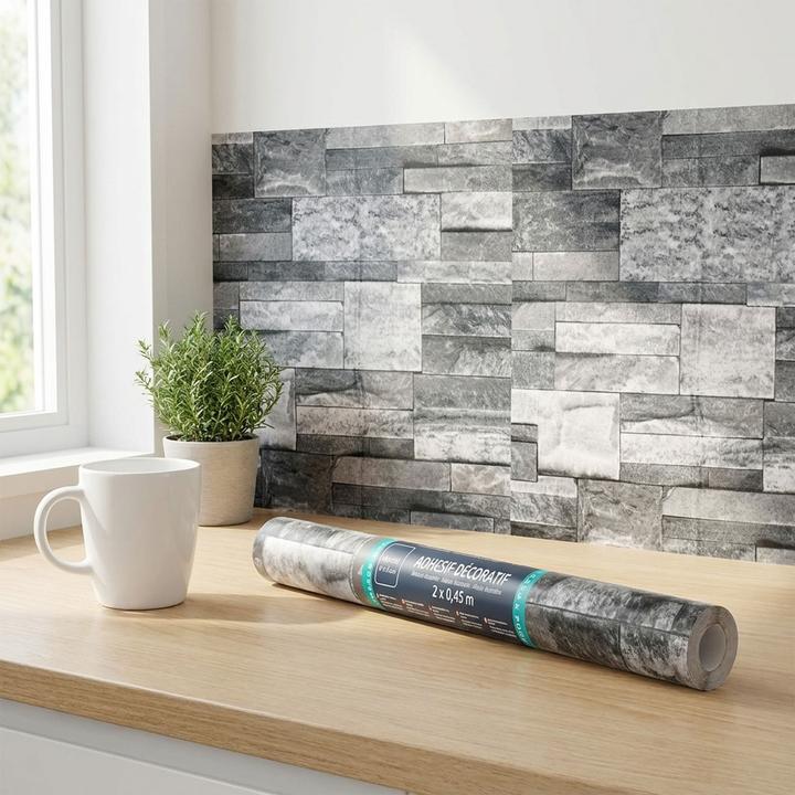 Produktbild Douceur D'intérieur Stilvolle Klebefolie in Backsteinoptik, grau – Hochwertige Dekofolie, selbstklebend, 45cmx200cm (200 x 45 cm)