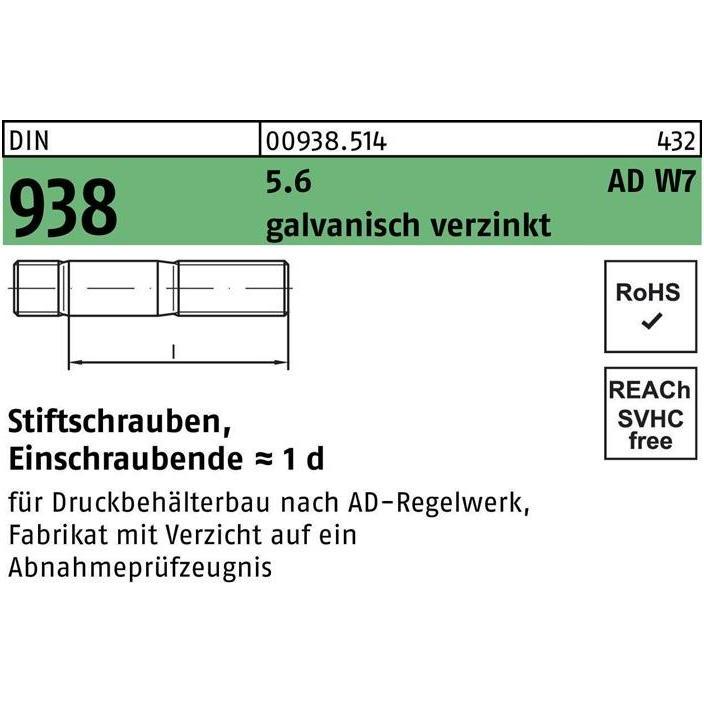 Schrauben, Stiftschraube DIN 938 M 12 x 60 5.6 galvanisch verzinkt (50 Schrauben pro Stück)