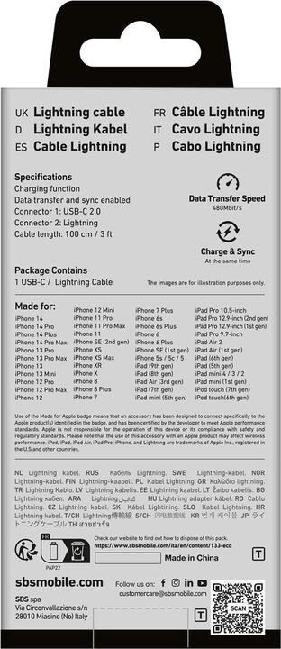 Immagine prodotto SBS Cavo dati e ricarica Lightning - Tipo C (1 m)