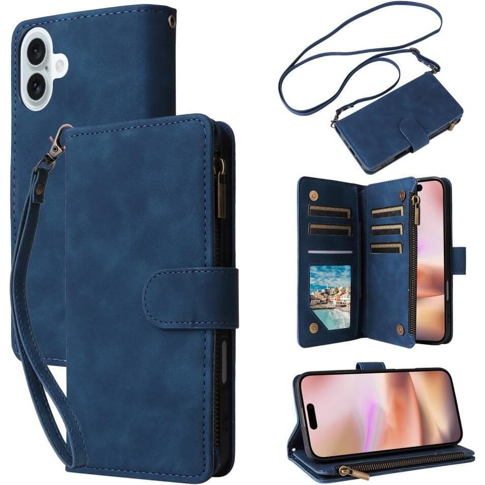 Thumbnail - Cover-Discount iPhone 16 Plus - Brieftaschen Hülle mit Umhängeband (Apple iPhone 16 Plus), Smartphone Hülle, Blau