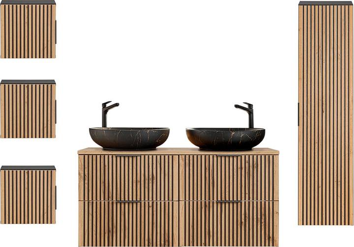 Produktbild Petits-Meubles Set of 120cm double vanity unit and 3 Gaia wood and black wall cabinets - Black vanity unit