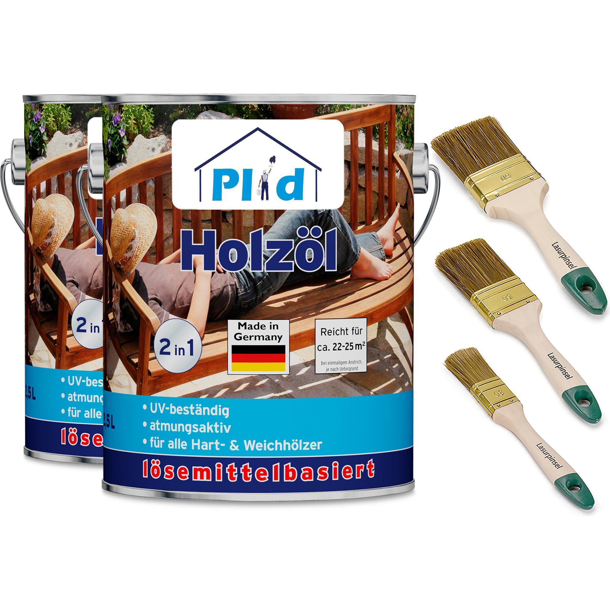 Plid, Holzschutz + Holzpflege, Holzöl 5L für ca. 50m² + Pinselset 3-tlg / Holz Pflegeöl GartenmöbeL (Douglasie, 5 l)