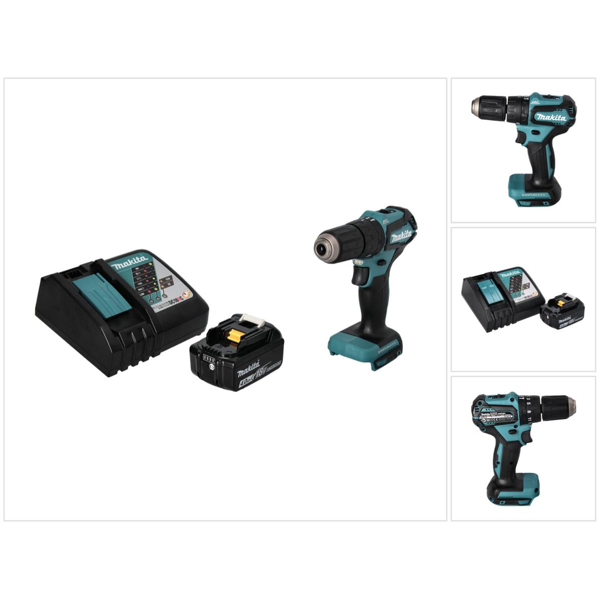 Makita, Bohrmaschine + Akkuschrauber, DHP 483 RM1 Akku Schlagbohrschrauber 18 V 40 Nm Brushless + 1x Akku 4,0 Ah + Ladeg...