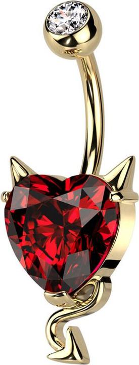 Produktbild Star Piercing Banane vergoldet mit Kugel Kristall silber und Teufel Herzkristall rot (Messing, Chirurgenstahl 316L)