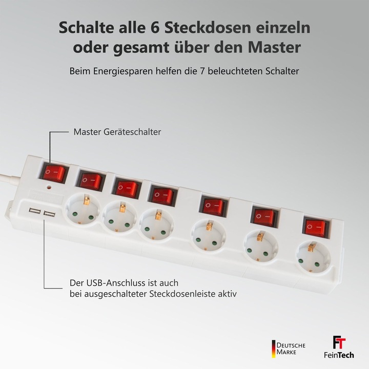 Produktbild FeinTech MD000652 6-Fach Steckdosenleiste einzeln schaltbar mit 2x USB (6 x)