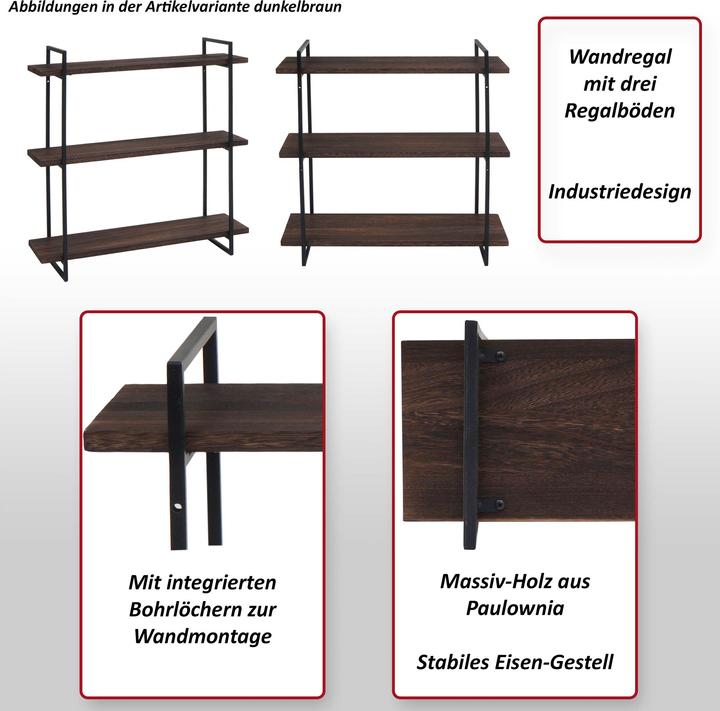 Immagine prodotto Mendler Scaffale a muro HWC-K78, 3 ripiani in legno massiccio industriale 60x60x18cm - bianco, metallo nero (60 x 60 x 18 cm)