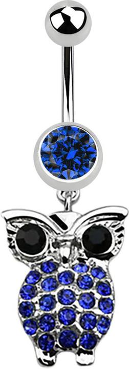 Image du produit Star Piercing Banane argent avec pendentif hibou et grands yeux bleu foncé (sans laiton, Acier chirurgical 316L)