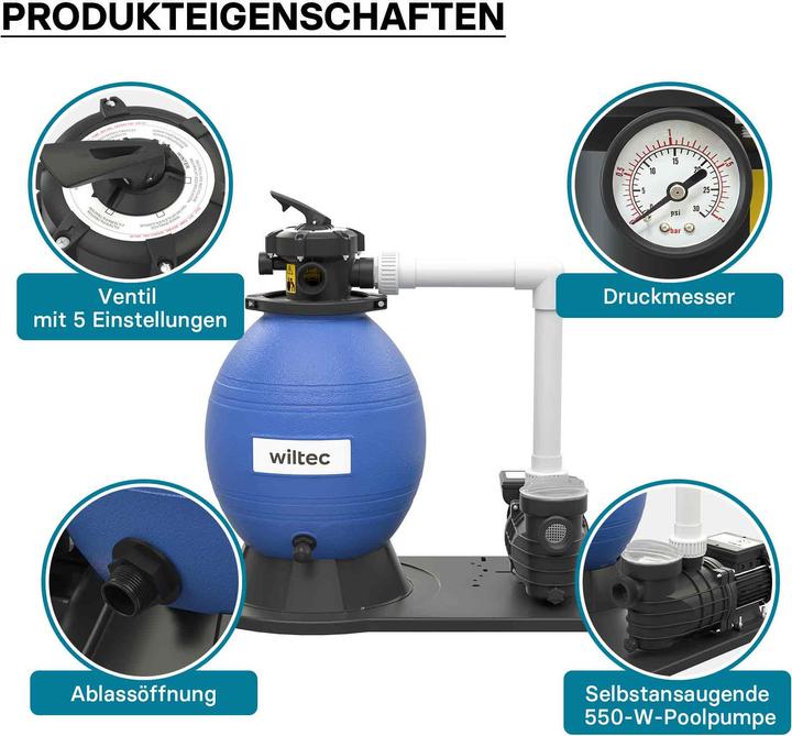 Produktbild Wiltec Sandfilteranlage 550W 38l Filtertank 18000l/h Pumpe Pool Filterpumpe