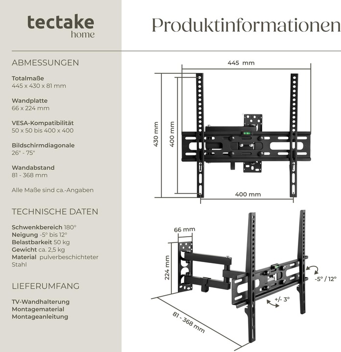 Produktbild tectake TVWandhalterung (Wand, 55", 50 kg)