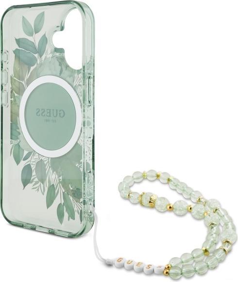 Actual product image Guess GUHMP16MHFWBRCESN iPhone 16 Plus 6.7" zielony/green hardcase IML Flowers With Pearl Strap MagS