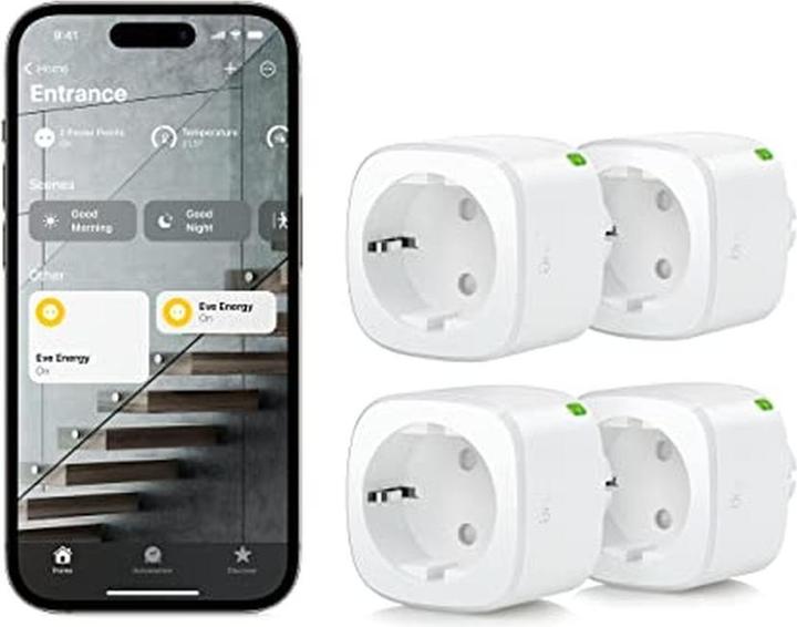 Produktbild Eve Slimme stekker, 4 Stück, Thread, Matter, App- und Spraakbedienung, keine Bridge nötig