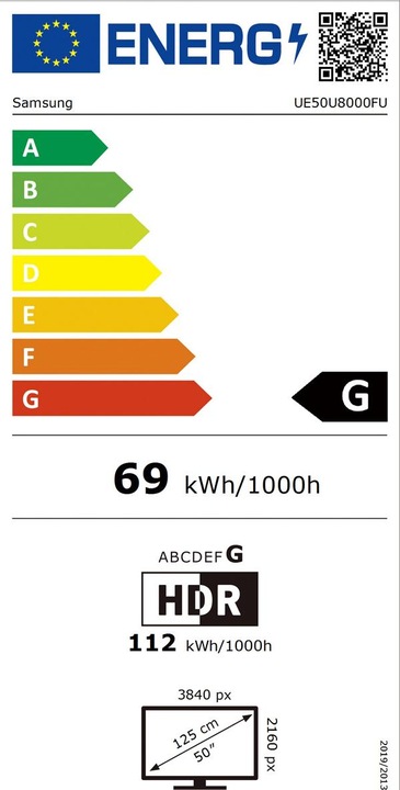 Label énergétique Samsung UE50U8000F (50", U8000F, LED, 4K, 2025)