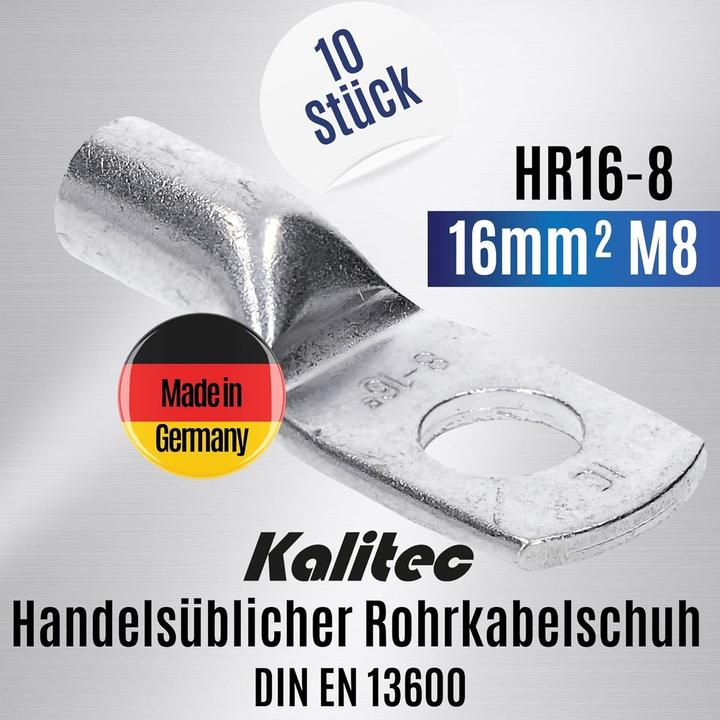 Produktbild Kalitec 10 Stück HR16-8 Handelsübliche Rohrkabelschuhe 16mm² M8 I ohne Sichtloch I Made in Germany