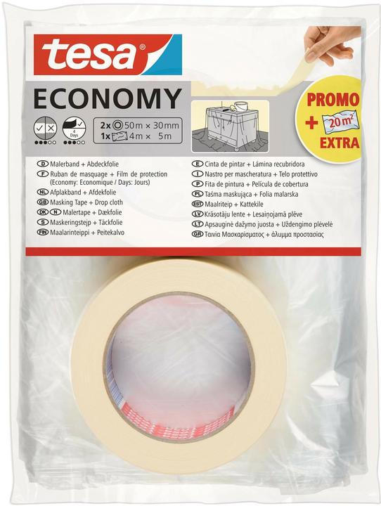 Image du produit tesa 2x ruban de peintre ECONOMY, film de protection inclus (30 mm)