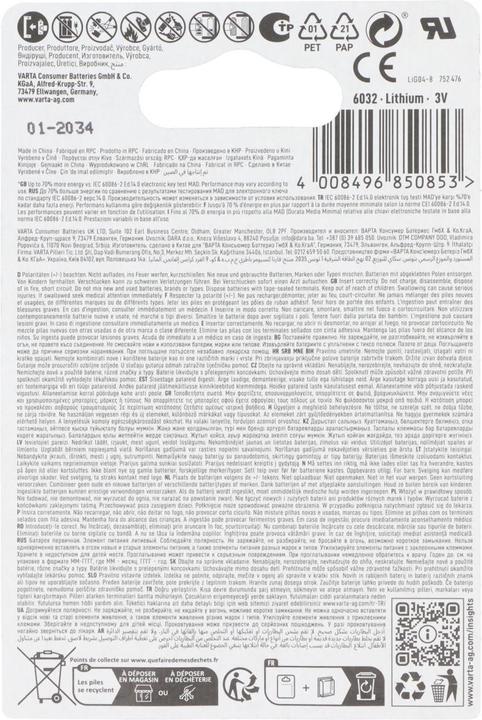 Valeurs nutritives et ingrédients Varta Cr2032 (5 pcs, CR2032, 230 mAh)