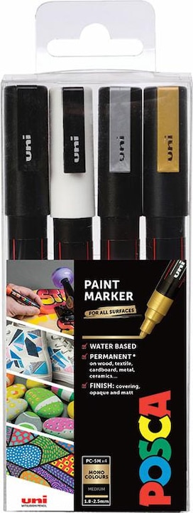 Produktbild Posca Marker PC-3M Rundspitze (Gold, Schwarz, Silber, Weiss, 1.30 mm, 4 x)