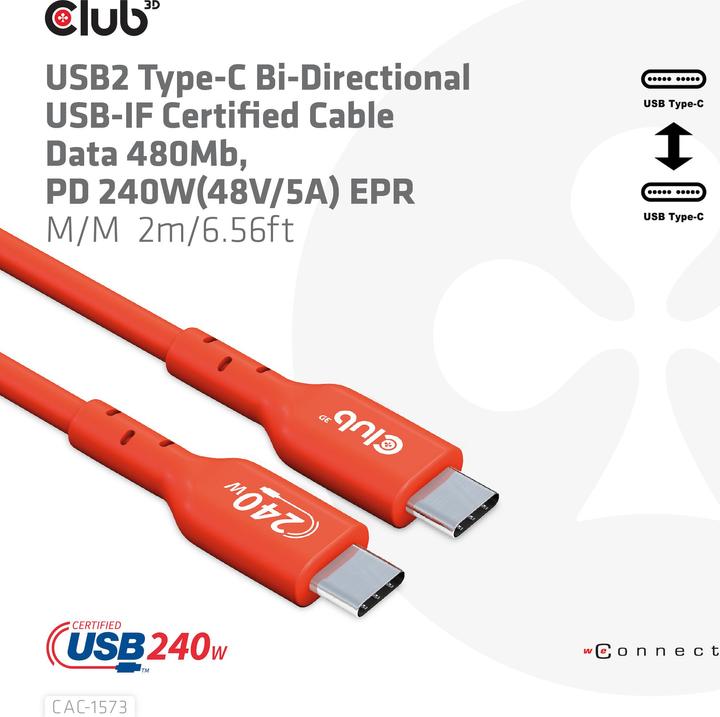 Produktbild Club 3D Club3D Kabel USB 2 Typ C PD / St/St (2 m, USB 2.0, 240 W)