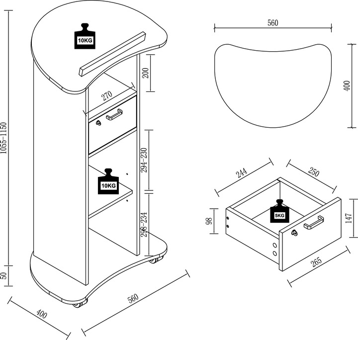 Productafbeelding VCM Houten Staand Bureau Lessenaar Mobiele Staande Tafel Rolbare Wielen Lade Redola (56 x 37 cm)
