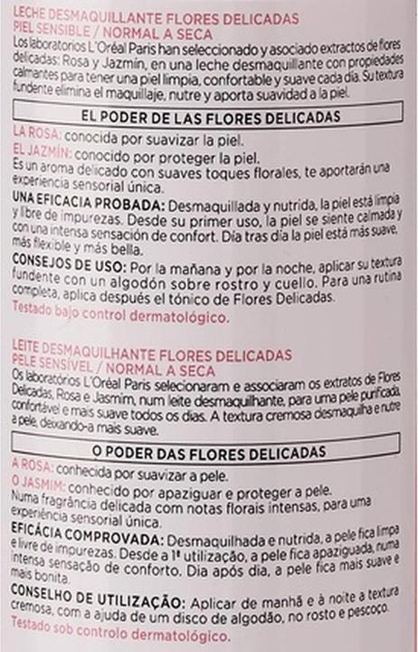 Nährwerte und Zutaten L'Oréal Paris FLORES DELICADAS leche piel sensible 400 ml (Reinigungsmilch, 400 ml)