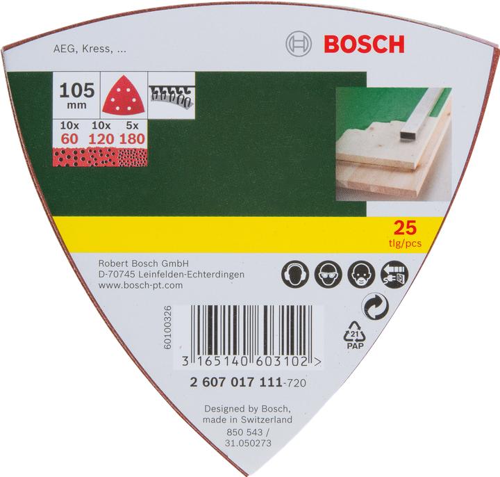 Produktbild Bosch Zubehör Schleifblatt-Set für Deltaschleifer, 105 mm, 60, 120, 180, 6 Löcher, 25er-Pack (60, 80, 180)