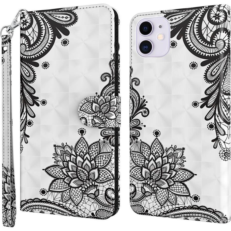 Thumbnail - Cover-Discount iPhone 13 - Etui Glitzer Effekt Blumen schwarz (Apple iPhone 13), Smartphone Hülle, Schwarz