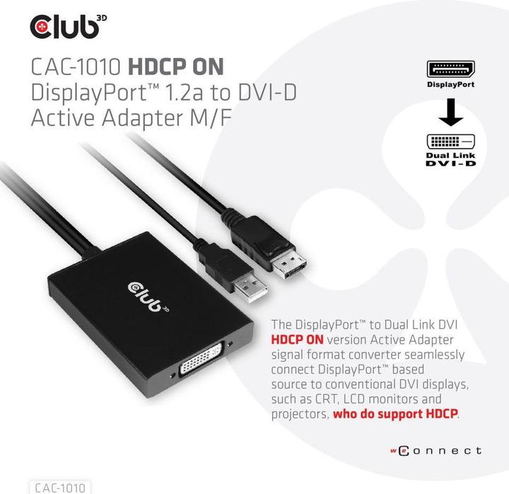 Produktbild Club 3D CAC-1010 DisplayPort to Dual Link DVI-I aktiver Adapter (6.10 cm)